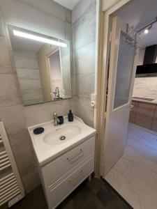a bathroom with a sink and a mirror at Les Remparts T2 et T3 2 Etoiles in La Roche-Posay +23 photos