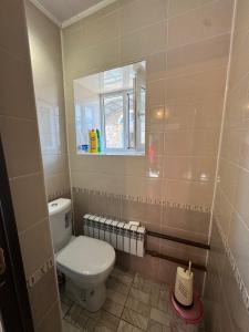 a bathroom with a toilet and a mirror at Bereke guest house in Bokonbayevo