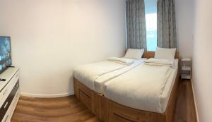a bedroom with two beds and a flat screen tv at Garden vibe apartament in Luduş