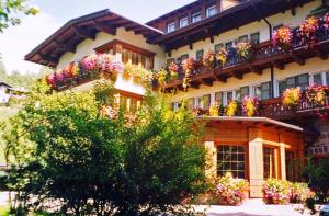 ein Gebäude mit Blumenkästen an der Seite in der Unterkunft Hotel Europa in Moena