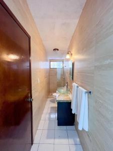 ein Badezimmer mit Waschbecken, Toilette und Spiegel in der Unterkunft Loft Sabalo - Pet Friendly in Mazatlán