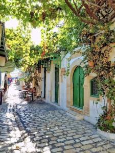 a cobblestone street with green doors on a building at MahdiaRafeha in Mahdia
