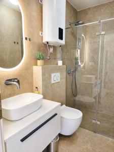 a bathroom with a sink and a shower at Villa 1902 Omišalj in Omišalj +39 photos