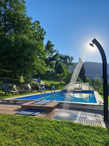 a swimming pool with a fountain in a park at Graglerhof in Liebenfels