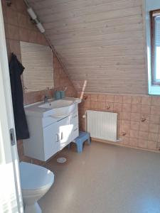 a bathroom with a sink and a toilet at Bakkely in Rønnede +45 photos