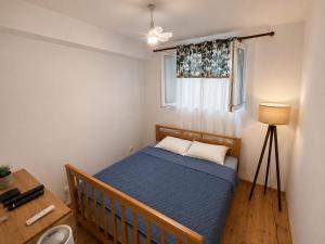 a small bedroom with a blue bed and a window at Budva Apartment with Private Parking in Budva +3 photos