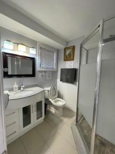 a bathroom with a toilet and a sink and a shower at Arkona Home in Toronto