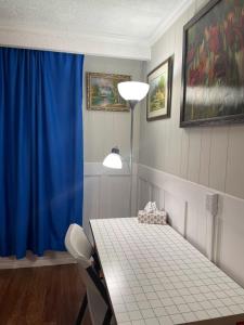 a dining room with a table and a blue curtain at Arkona Home in Toronto