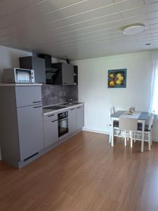 a kitchen with a stove and a table with chairs at Dirks Apartment mit Weitblick in Mammelzen