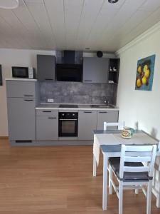 a kitchen with a table and chairs in a room at Dirks Apartment mit Weitblick in Mammelzen