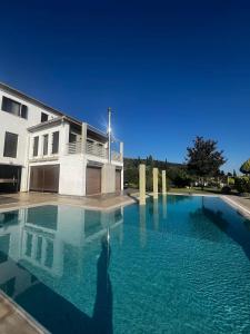 a person standing in front of a large swimming pool at VILLA KTIMA MELINA Pelio ΒΙΛΑ ΜΕ ΠΙΣΙΝΑ ΒΟΛΟΣ ΠΗΛΙΟ in Álli Meriá