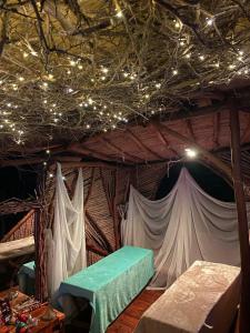 a room with a tent with a table and lights at Bio Hotel - Eco Glamping El Refugio in Gigante