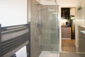 a shower with a glass door in a bathroom at Haus Roseneck App.2 in Hörnum +6 photos