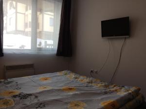 a bedroom with a bed with a television on the wall at Mountain Top Mina in Bansko