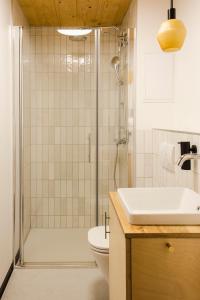 a bathroom with a shower and a toilet and a sink at Hyttee in Bardo +45 photos