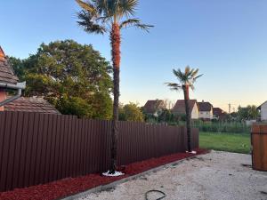two palm trees in front of a fence at Góré Vendégház in Abony