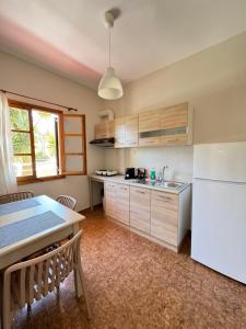 a kitchen with a white refrigerator and a table at Sea View Apollo Apartments & Studios in Afytos in Afitos