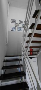 a staircase with a metal railing with pictures on the wall at CALAFATE CENTER APARTS in El Calafate