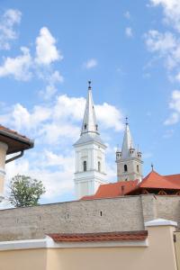 two white towers on top of a building at Casa Tamplarului in Orăştie