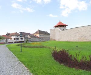 a building with a wall and a green field at Casa Tamplarului in Orăştie +48 photos