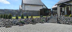a bunch of birds sitting in a yard next to a house at Letnisko domek z Sauną i Balią in Lubawka