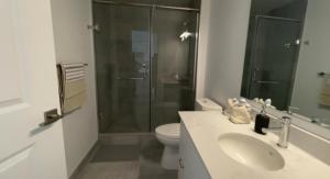 a bathroom with a shower and a sink and a toilet at Gaslight in Cambridge