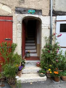 an entrance to a building with potted plants and a red door at Chambre in Riez