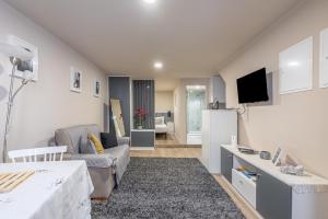 a living room with a couch and a tv at CasAmalia 54 in Viana do Castelo