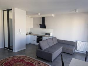 a living room with a couch and a kitchen at Apartamenty Słoneczna 42 in Gdynia