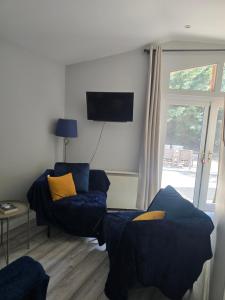 a living room with a couch and a tv at The Reading three bedroom chalet with gardens, suitable for contractors in Reading