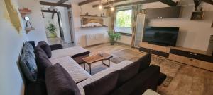 a living room with a couch and a television at Casa David in Gura Hangului