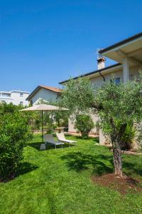 a garden with a bench and an umbrella and a tree at Arlu lake house Lazise in Lazise
