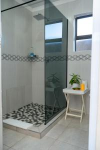 a shower with a glass door in a bathroom at Infinity Home BnB in Leribe +52 photos