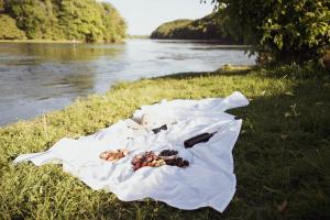 a bunch of food sitting on a sheet on the grass by a river at Riverside Home Laura in Karlovac