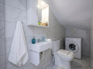 a bathroom with a toilet and a sink and a washing machine at Lilu Villa 1 with Private Pool and Seaview in Tigaki +28 photos