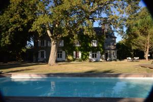 Villers-les-Ormes的住宿－Domaine de Treuillaud，一座房子,前面有棵树和一个游泳池