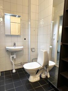 a bathroom with a toilet and a sink at Lägenhet Svängsta in Svängsta