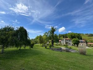 a green field with trees and houses in the background at Gîte de Rille in Castelnau-Durban