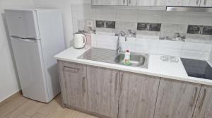 a kitchen with a sink and a refrigerator at Blue Sea Apartments in Qeparo