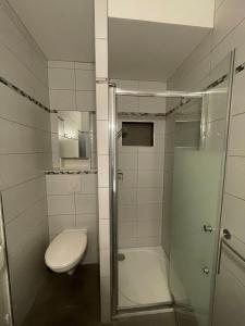 a bathroom with a toilet and a glass shower at Studio de plein pied avec terrasse in Joncherey +8 photos
