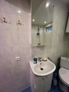 a bathroom with a sink and a toilet and a mirror at Tähe majutus in Mustvee +12 photos