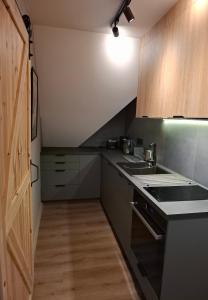 a kitchen with a stove and a stove top oven at Zacisze Wilcza in Zarzecze