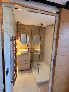 a bathroom with a shower and a sink at L'Écrin de Nature Panoramic View & Prestige in Saint-Marcel-lès-Annonay +10 photos