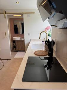 a kitchen with a counter top and a sink at Little Rozel in East Grinstead +16 photos