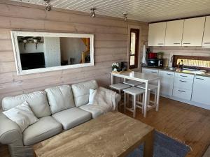 ein Wohnzimmer mit Sofa und eine Küche in der Unterkunft Seaside Cabin in Aabla