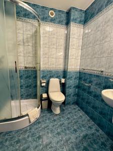 a bathroom with a toilet and a shower and a sink at Pensjonat Krystyna in Rewa +39 photos