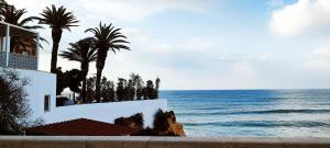 a view of the ocean with palm trees and a building at Appartement PRIMAVERA in Armação de Pêra