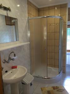 a bathroom with a shower and a sink at Willa Pod Brzozami in Korbielów +49 photos