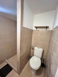 a bathroom with a toilet and a shower at Apartmány Harmónia in Veľký Meder +9 photos