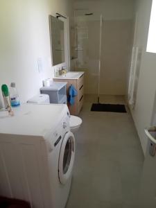 a bathroom with a washing machine and a toilet at Gite de la haie portée in Lignieres-Orgeres